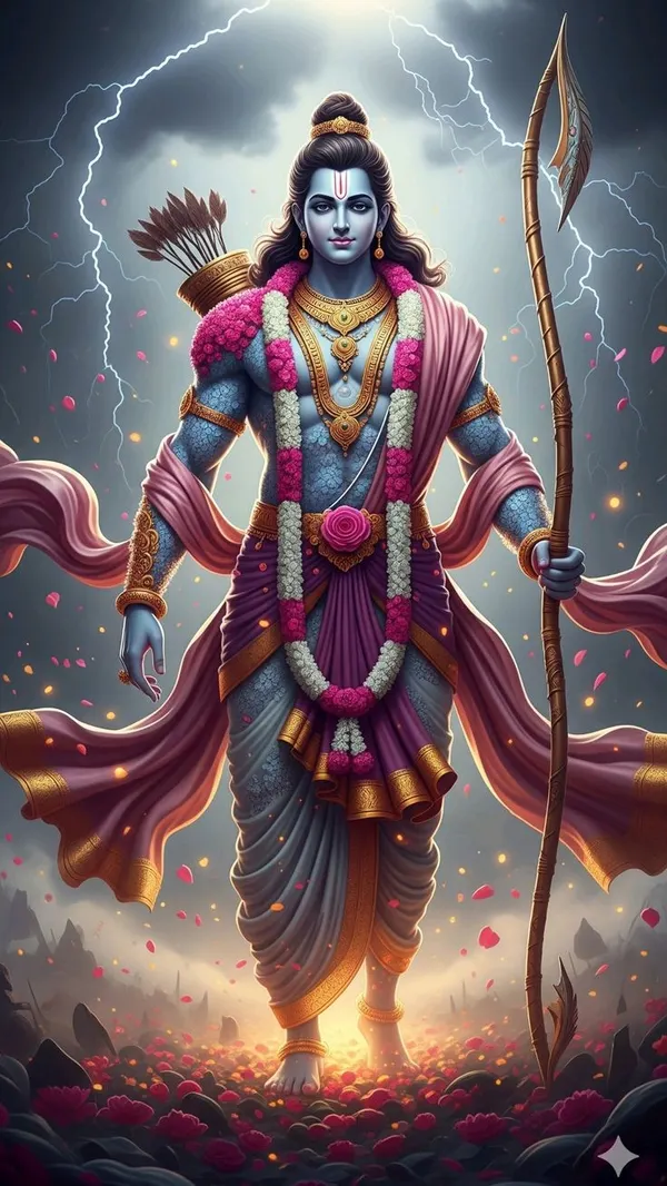 ancient lord ram image painting holding sacred symbols