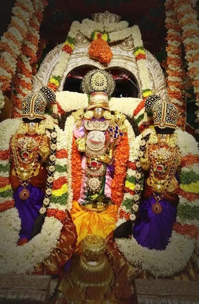 tirupati balaji idol decorated with flowers