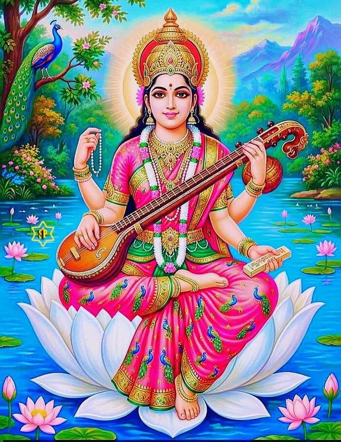 lord saraswati images lotus sitting pose